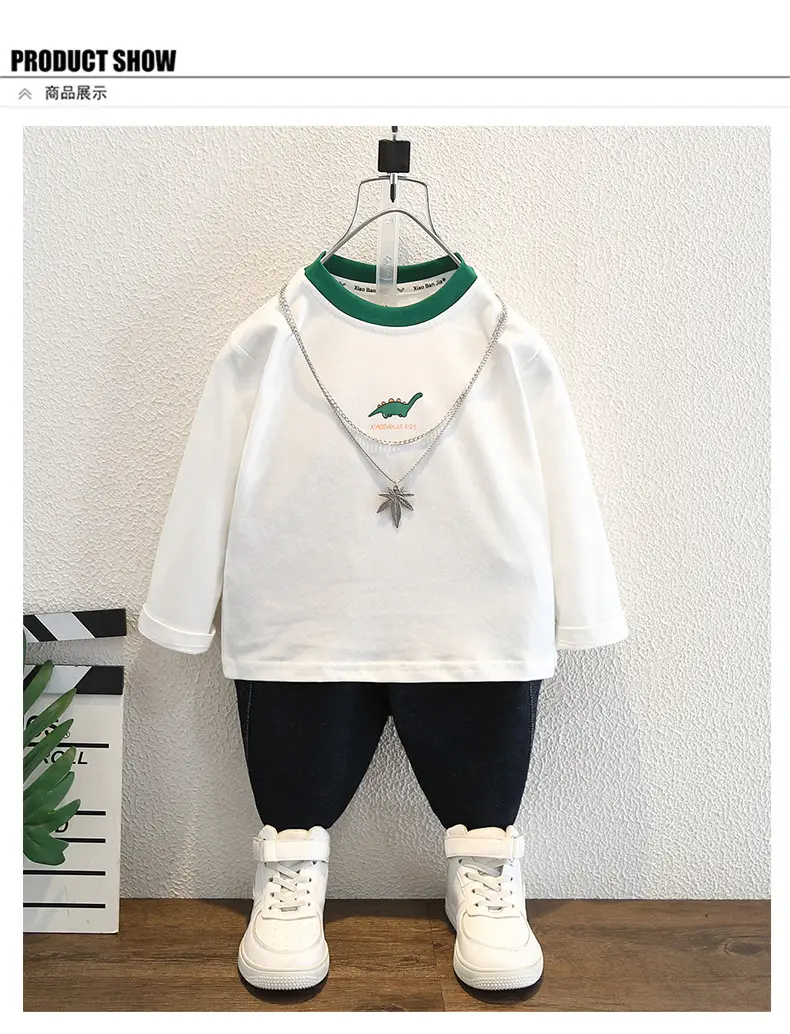 Children's White Dinosaur Crewneck T-Shirt Cotton Spring Autumn — feature 4