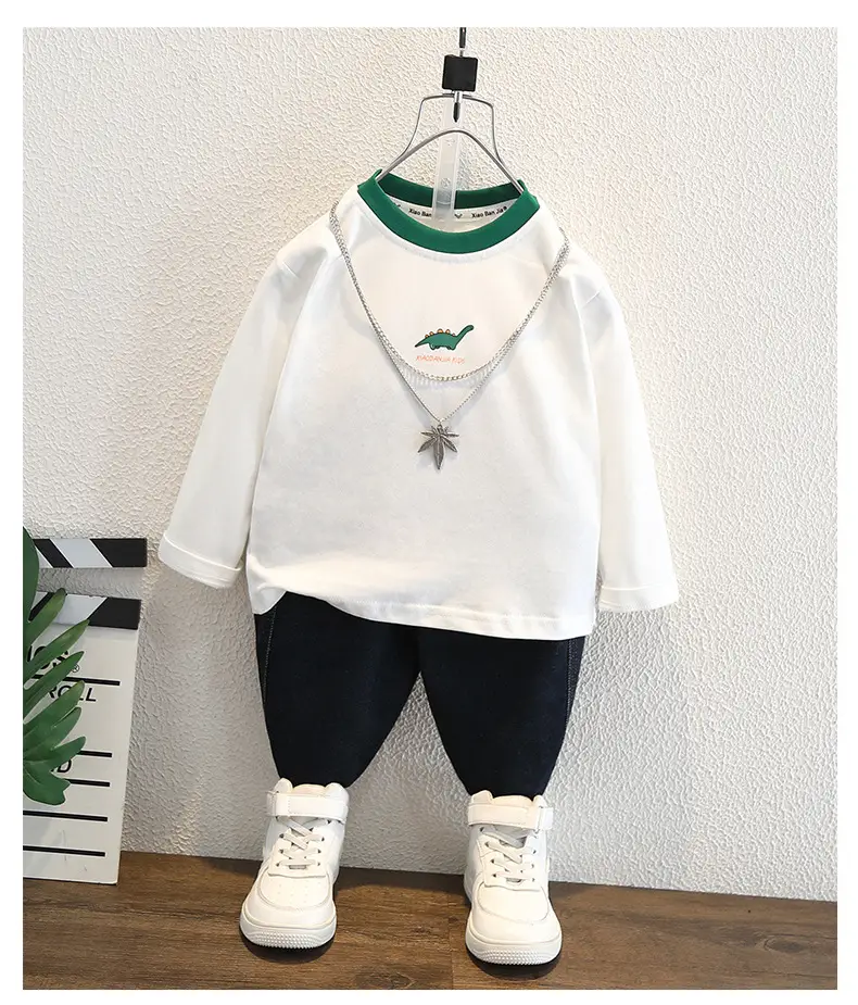 Children's White Dinosaur Crewneck T-Shirt Cotton Spring Autumn — feature 5