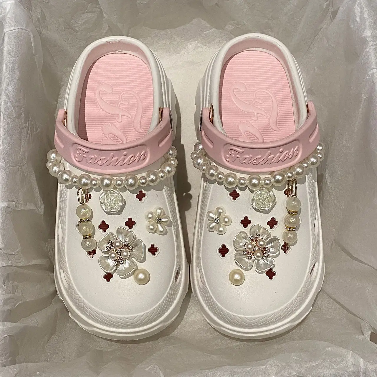 Women's Pink Pearl-Decorated Thick Sandals