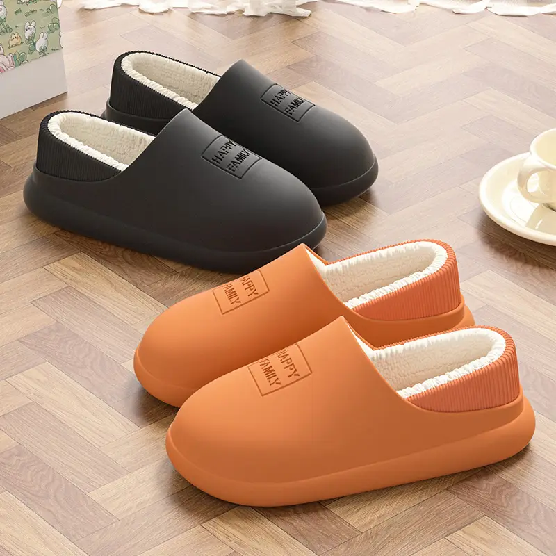 Autumn and Winter Boys Cotton Slippers Non-slip Waterproof Couple's Indoor Household fleece-lined Warm Thick Bottom Cotton Slippers Women's Fashion