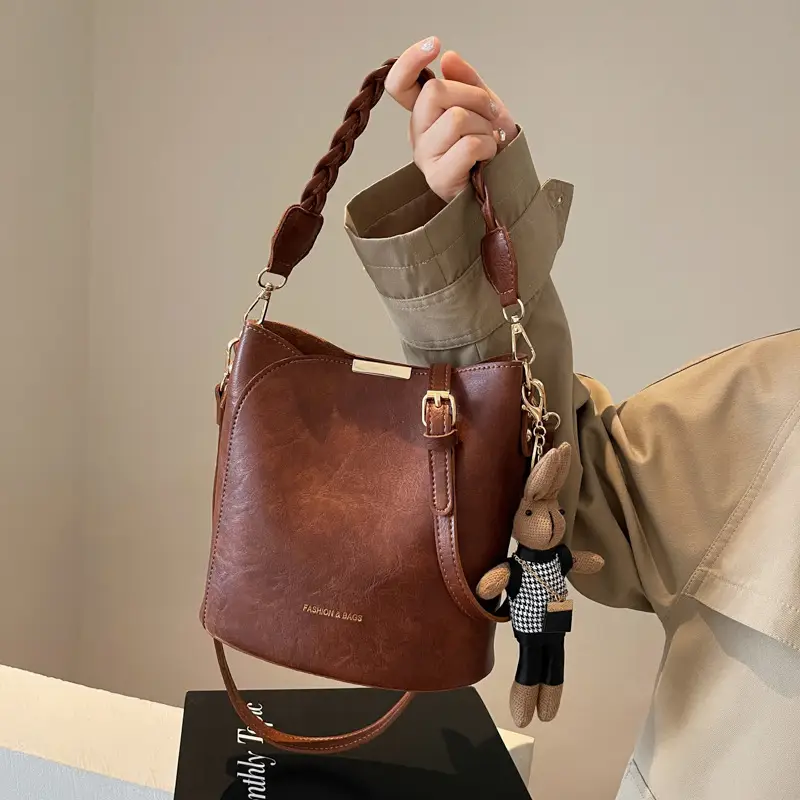 Women's Vintage Brown Shoulder Crossbody Bag with Teddy Bear Charm - Image 10