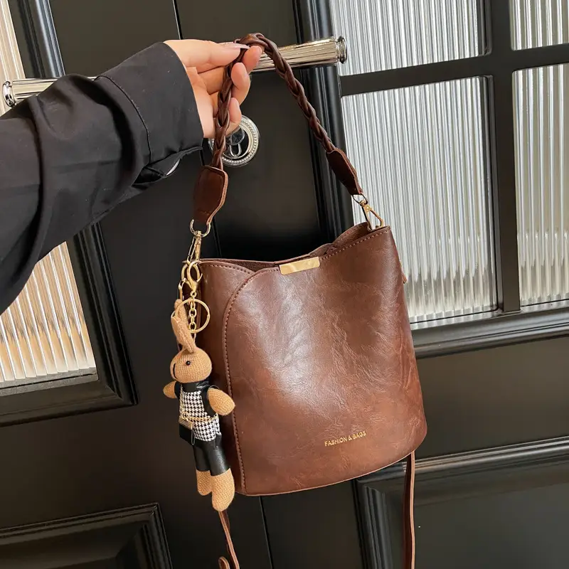 Women's Vintage Brown Shoulder Crossbody Bag with Teddy Bear Charm - Image 11