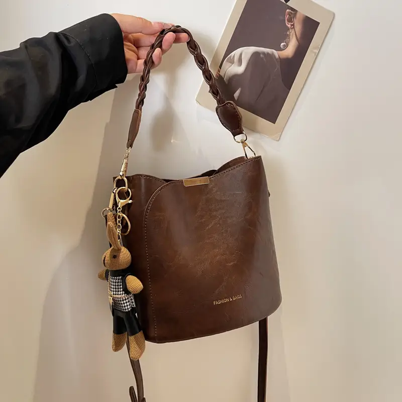 Women's Vintage Brown Shoulder Crossbody Bag with Teddy Bear Charm - Image 12