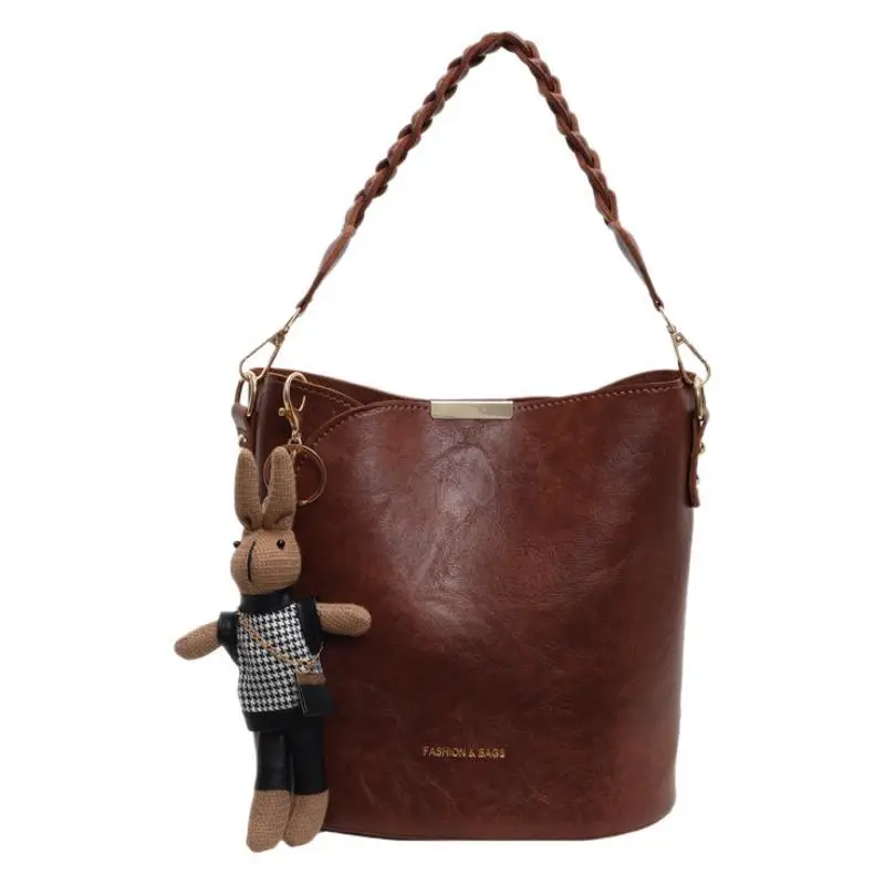 Women's Vintage Brown Shoulder Crossbody Bag with Teddy Bear Charm - Image 13