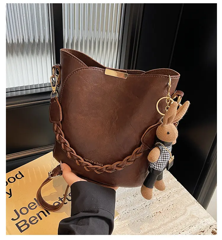 Women's Vintage Brown Shoulder Crossbody Bag with Teddy Bear Charm — feature 1