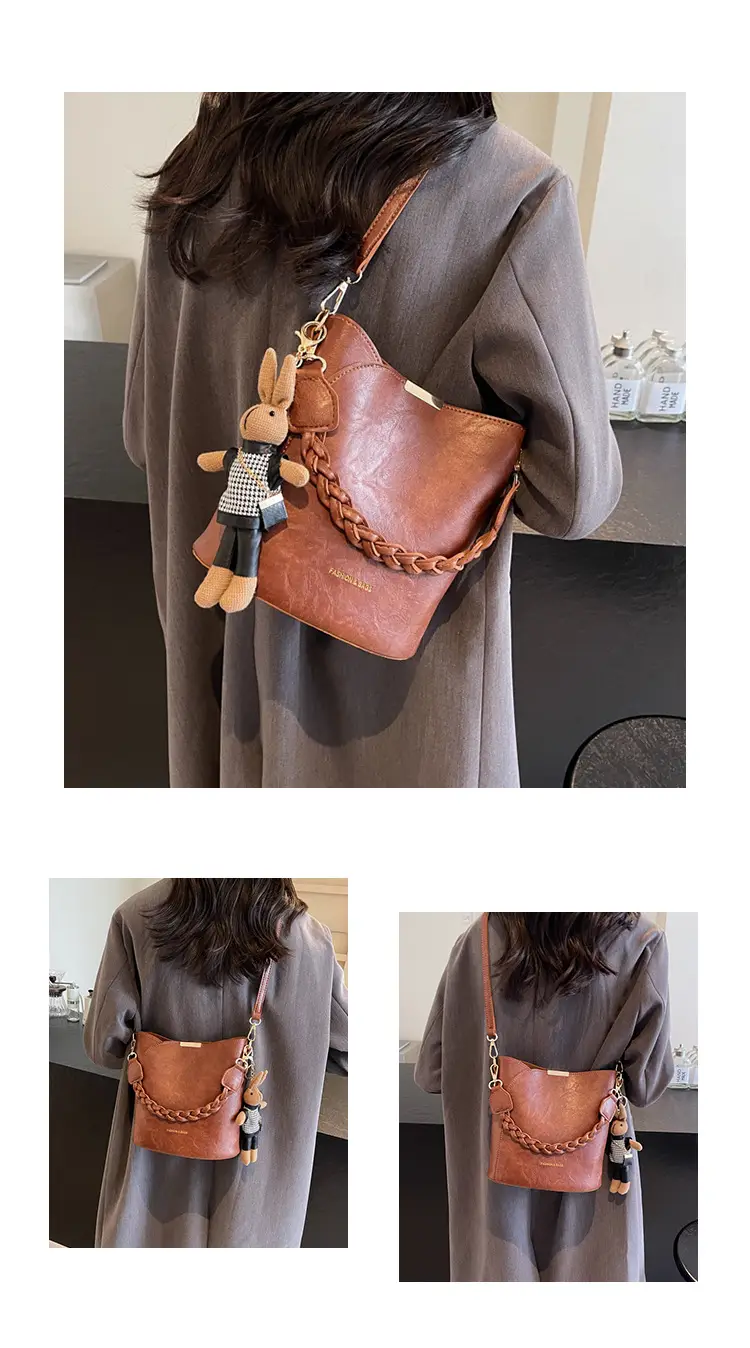 Women's Vintage Brown Shoulder Crossbody Bag with Teddy Bear Charm — feature 10