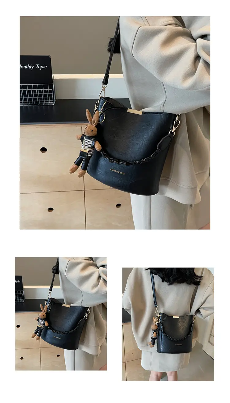 Women's Vintage Brown Shoulder Crossbody Bag with Teddy Bear Charm — feature 11