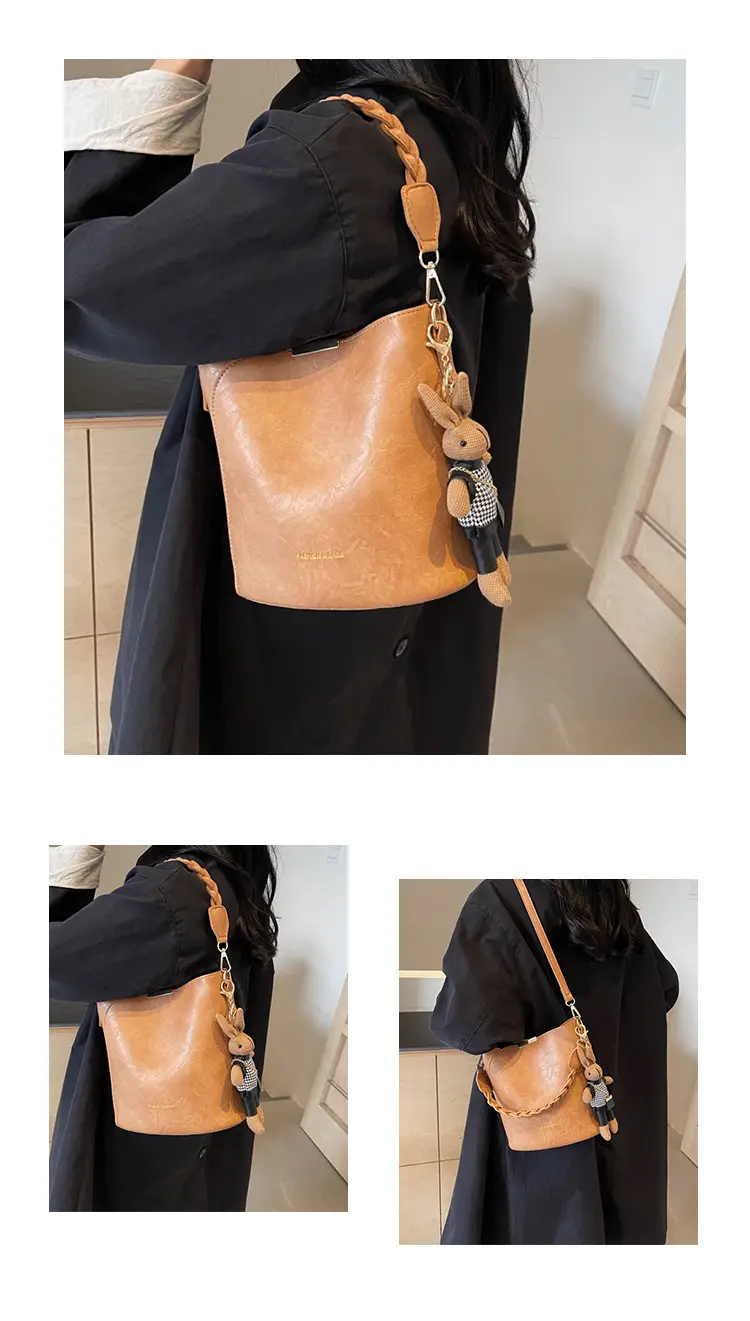 Women's Vintage Brown Shoulder Crossbody Bag with Teddy Bear Charm — feature 12