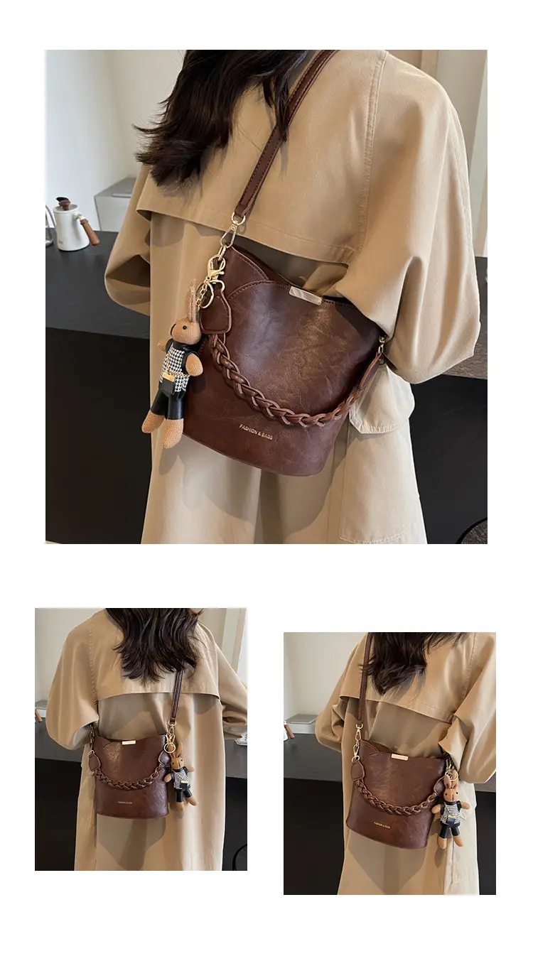Women's Vintage Brown Shoulder Crossbody Bag with Teddy Bear Charm — feature 13