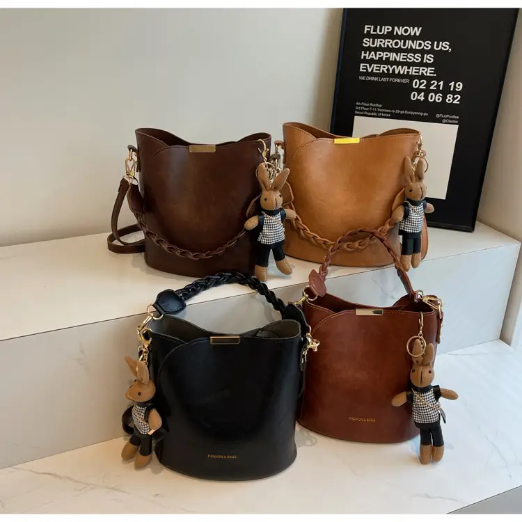 Women's Vintage Brown Shoulder Crossbody Bag with Teddy Bear Charm — feature 14