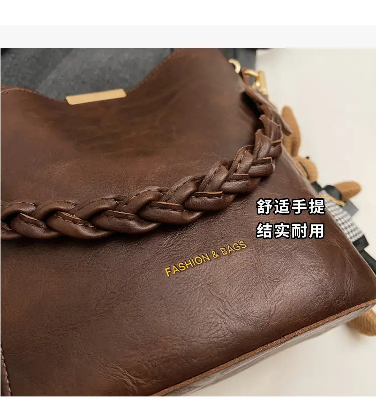 Women's Vintage Brown Shoulder Crossbody Bag with Teddy Bear Charm — feature 6