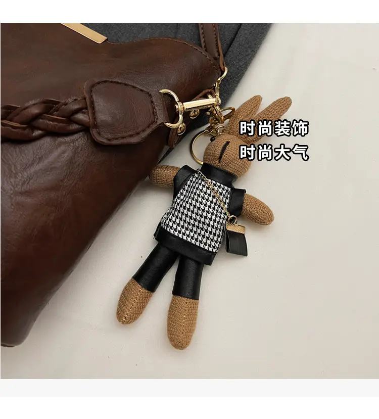 Women's Vintage Brown Shoulder Crossbody Bag with Teddy Bear Charm — feature 7