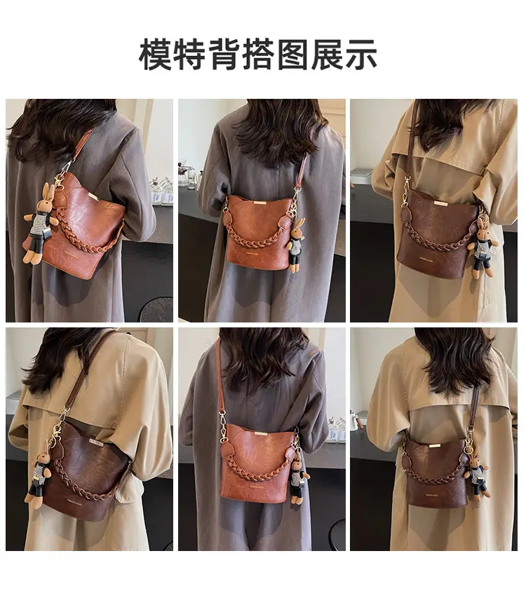 Women's Vintage Brown Shoulder Crossbody Bag with Teddy Bear Charm — feature 9