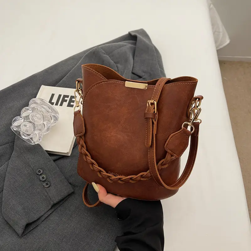 Women's Vintage Brown Shoulder Crossbody Bag with Teddy Bear Charm - Image 3