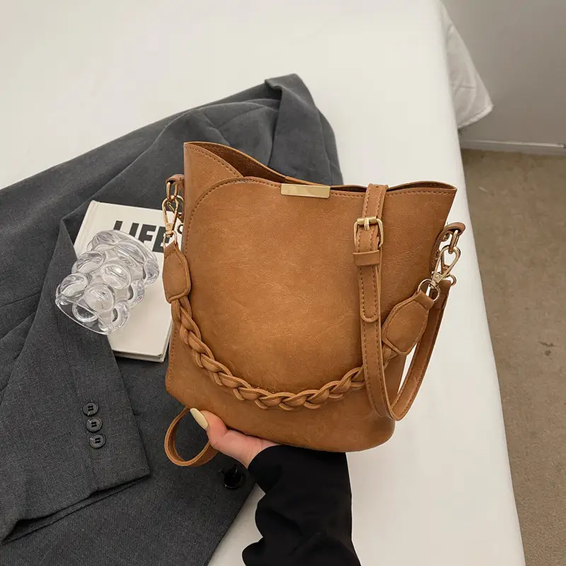 Women's Vintage Brown Shoulder Crossbody Bag with Teddy Bear Charm - Image 4