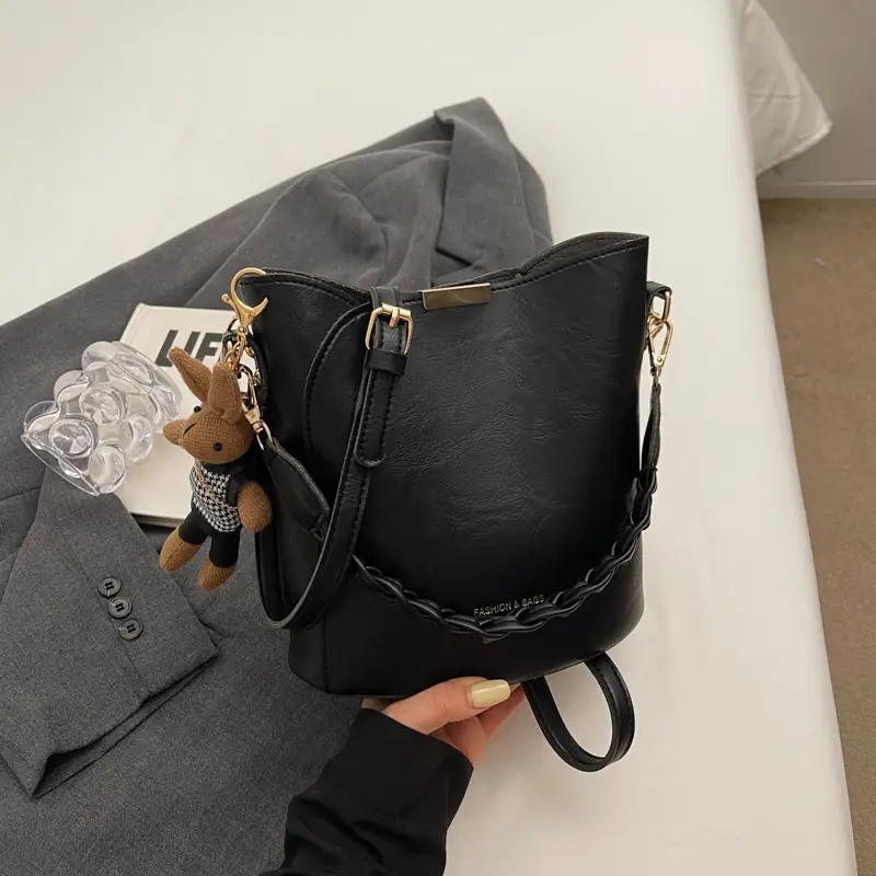 Women's Vintage Brown Shoulder Crossbody Bag with Teddy Bear Charm - Image 5