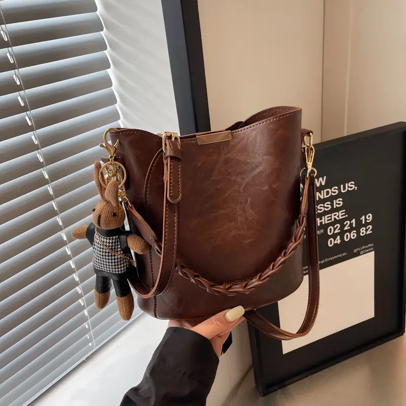 Women's Vintage Brown Shoulder Crossbody Bag with Teddy Bear Charm - Image 6