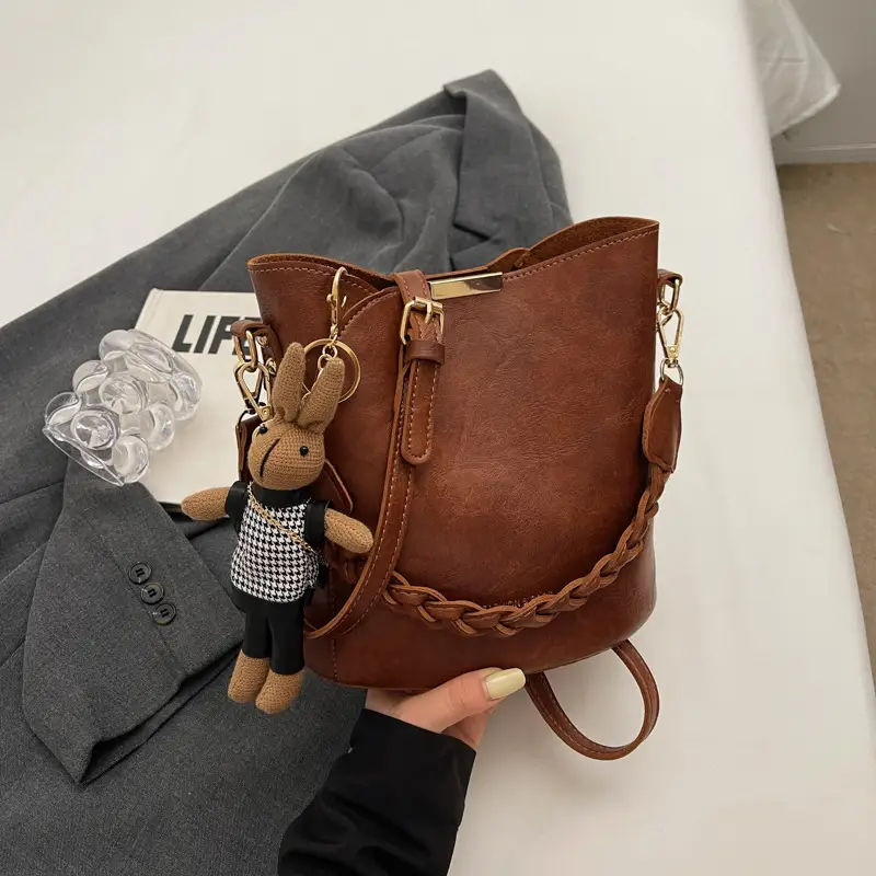 Women's Vintage Brown Shoulder Crossbody Bag with Teddy Bear Charm - Image 7