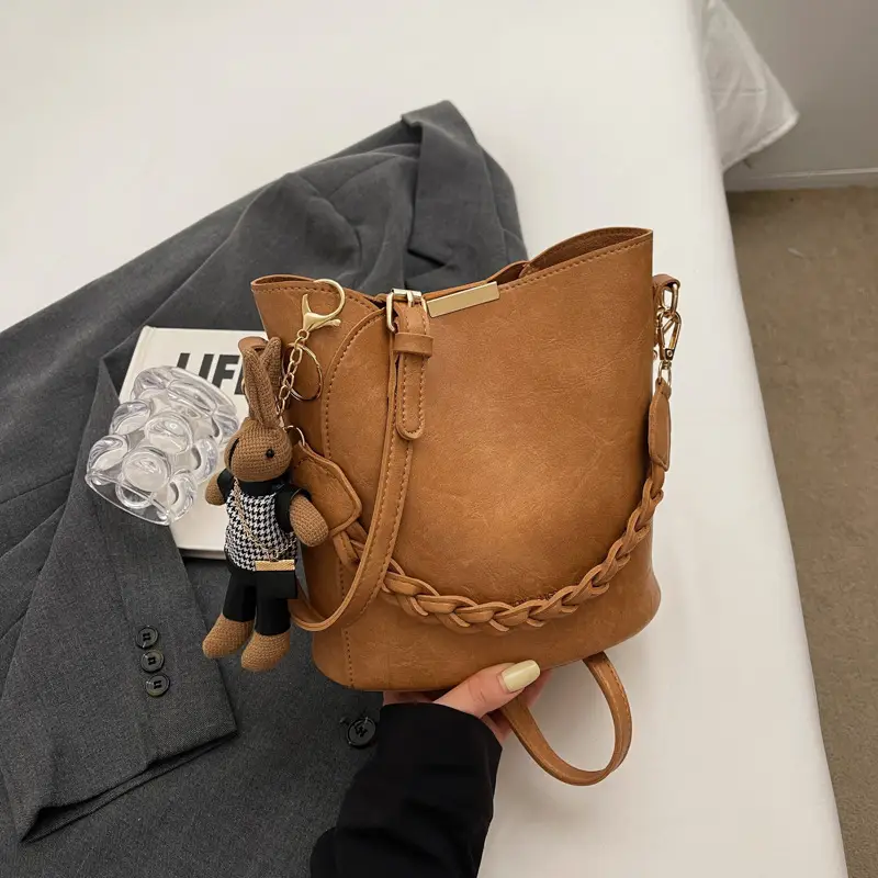 Women's Vintage Brown Shoulder Crossbody Bag with Teddy Bear Charm - Image 8