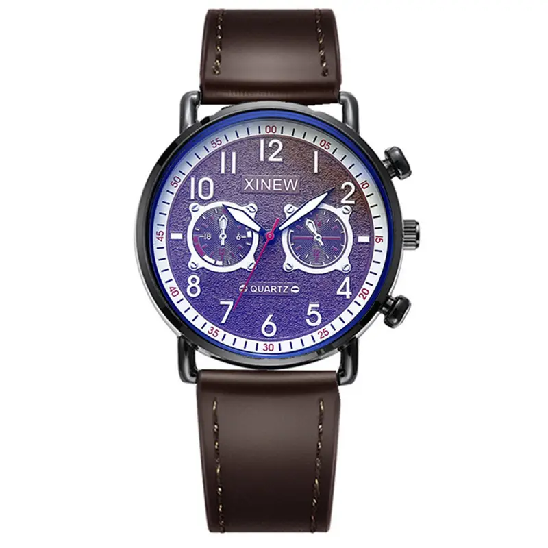 Men Xinew Blue Dial Quartz Watch Black Leather Band - Image 7