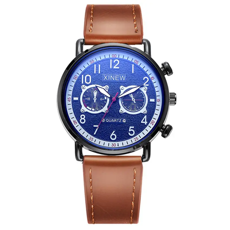 Men Xinew Blue Dial Quartz Watch Black Leather Band - Image 12
