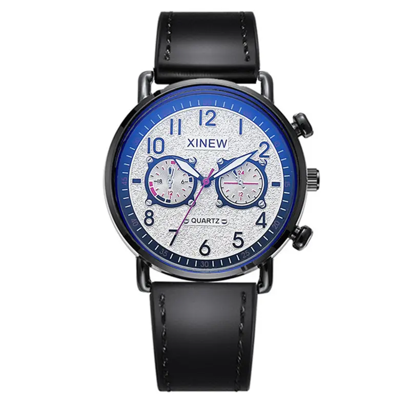 Men Xinew Blue Dial Quartz Watch Black Leather Band - Image 2