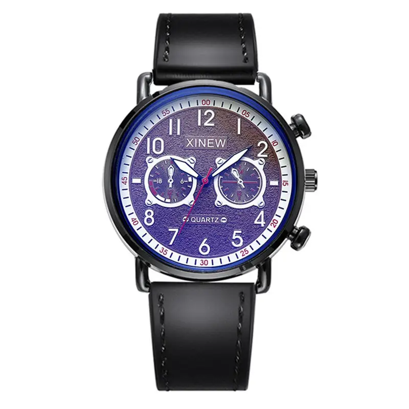 Men Xinew Blue Dial Quartz Watch Black Leather Band - Image 3