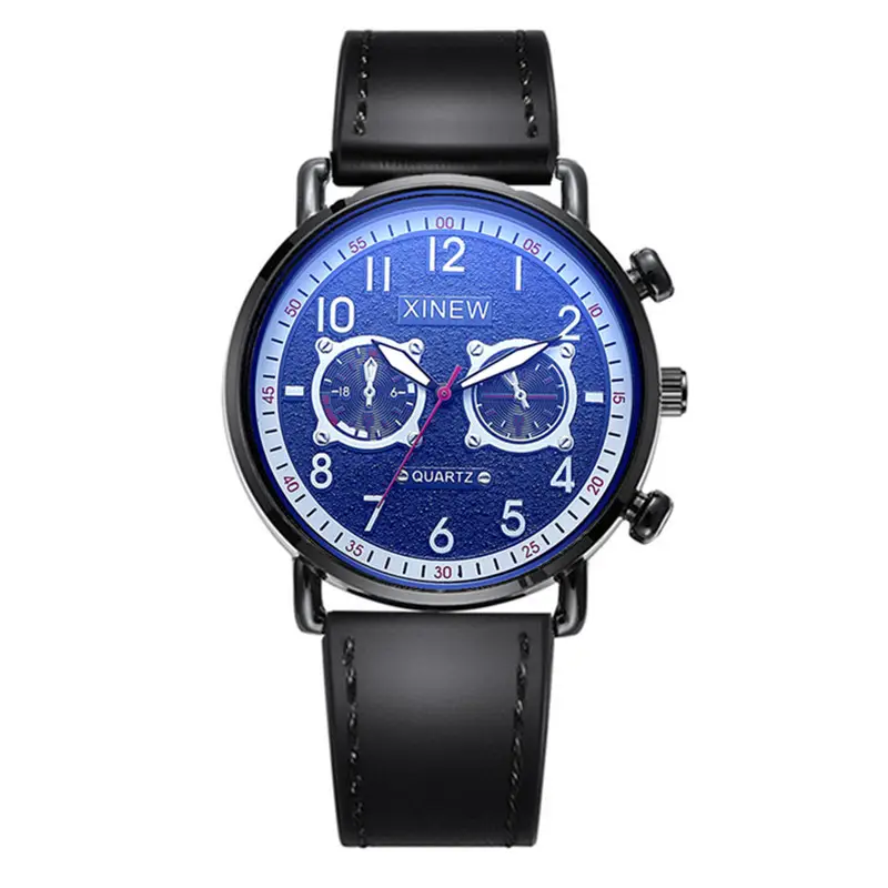Men Xinew Blue Dial Quartz Watch Black Leather Band - Image 4