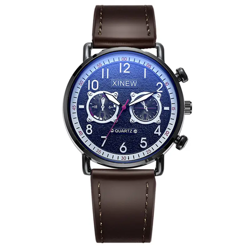 Men Xinew Blue Dial Quartz Watch Black Leather Band - Image 5