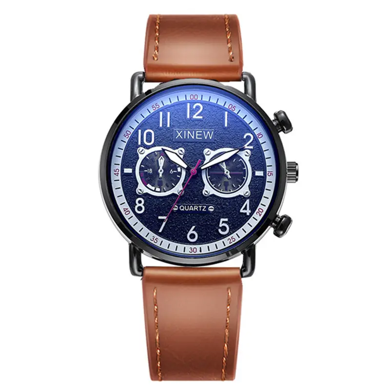 Men Xinew Blue Dial Quartz Watch Black Leather Band - Image 9