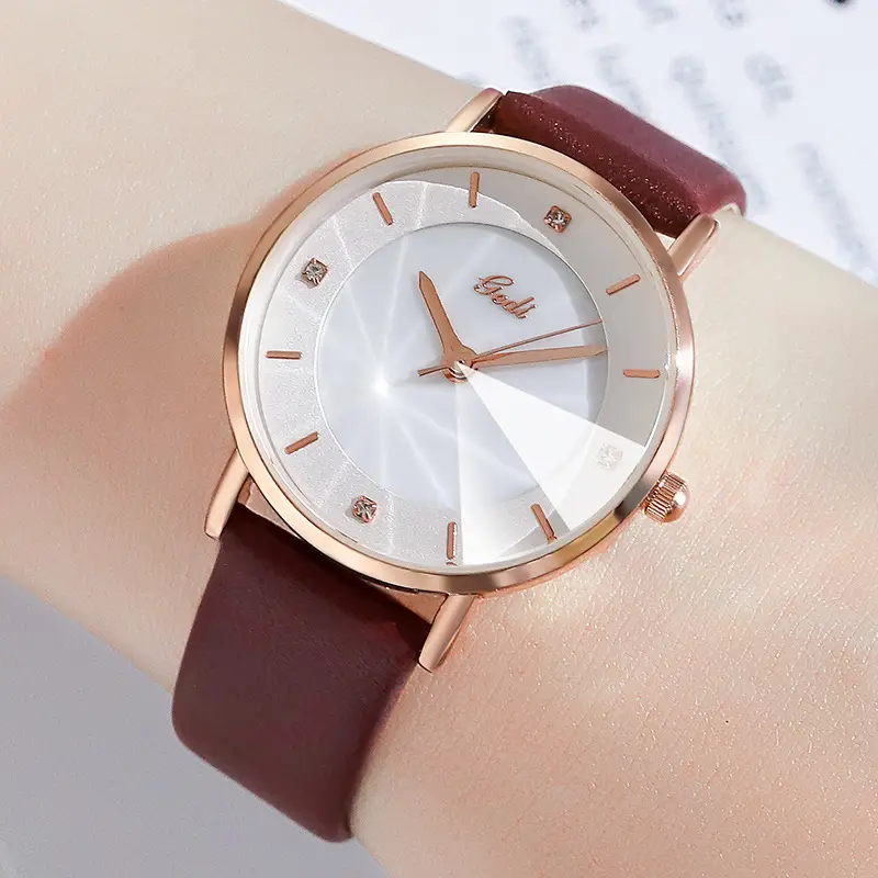 Women's Rose Gold Quartz Watch with Brown Leather Belt