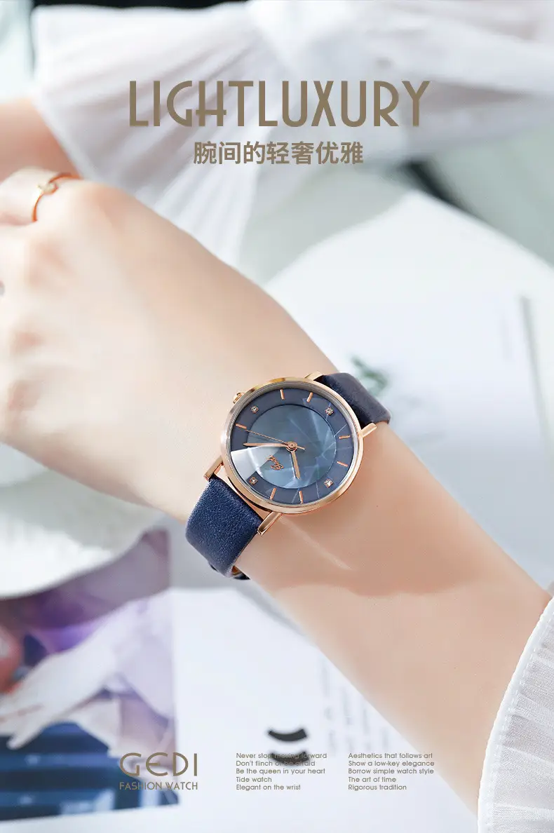 Women's Rose Gold Quartz Watch with Brown Leather Belt — feature 1