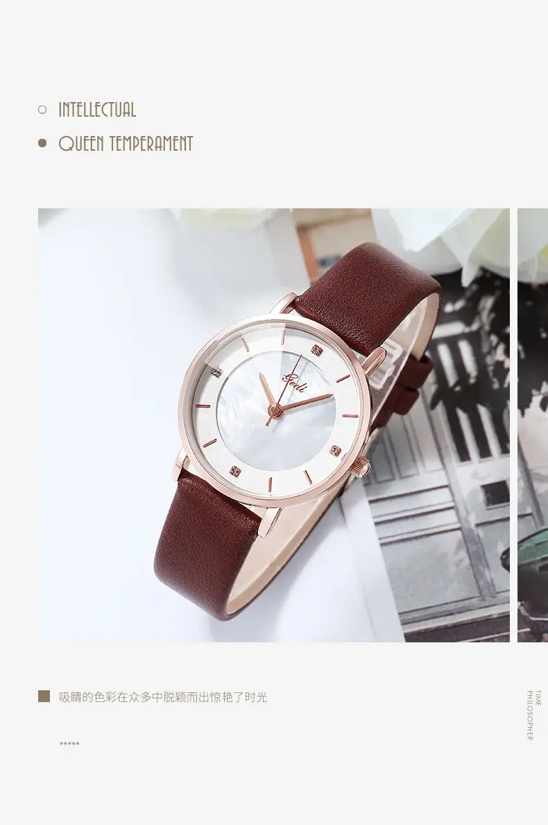Women's Rose Gold Quartz Watch with Brown Leather Belt — feature 3