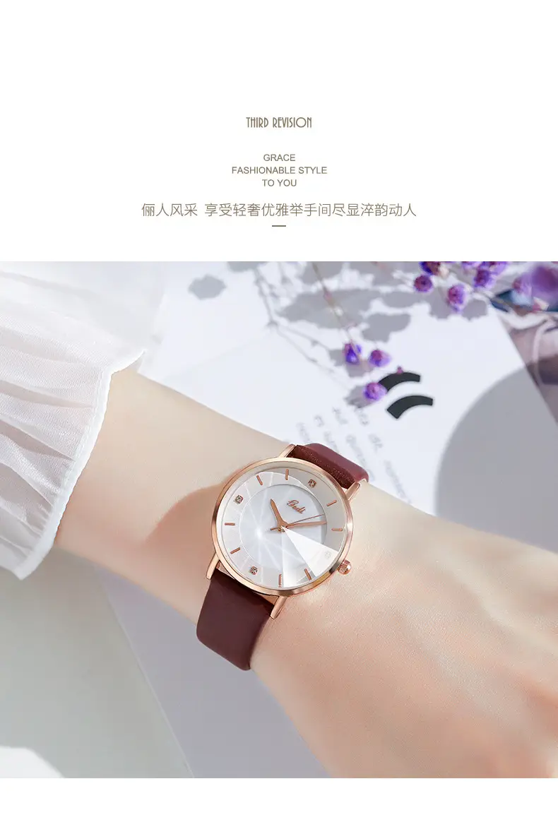 Women's Rose Gold Quartz Watch with Brown Leather Belt — feature 4
