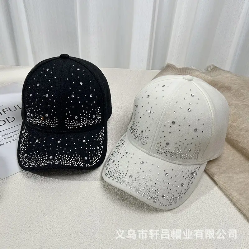 Women's Rhinestone Woolen Baseball Cap Black White - Image 8