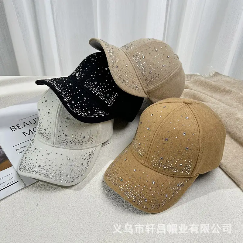 Women's Rhinestone Woolen Baseball Cap Black White - Image 9