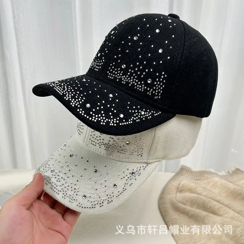 Women's Rhinestone Woolen Baseball Cap Black White — feature 1