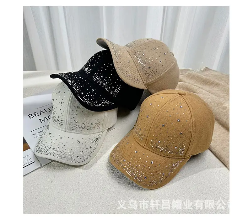 Women's Rhinestone Woolen Baseball Cap Black White — feature 3