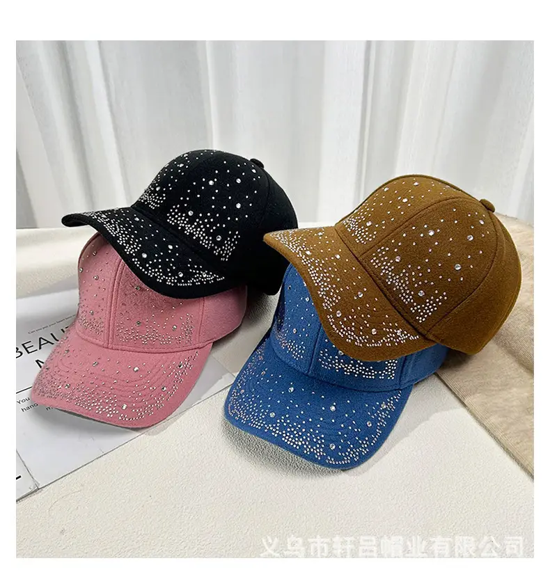 Women's Rhinestone Woolen Baseball Cap Black White — feature 5