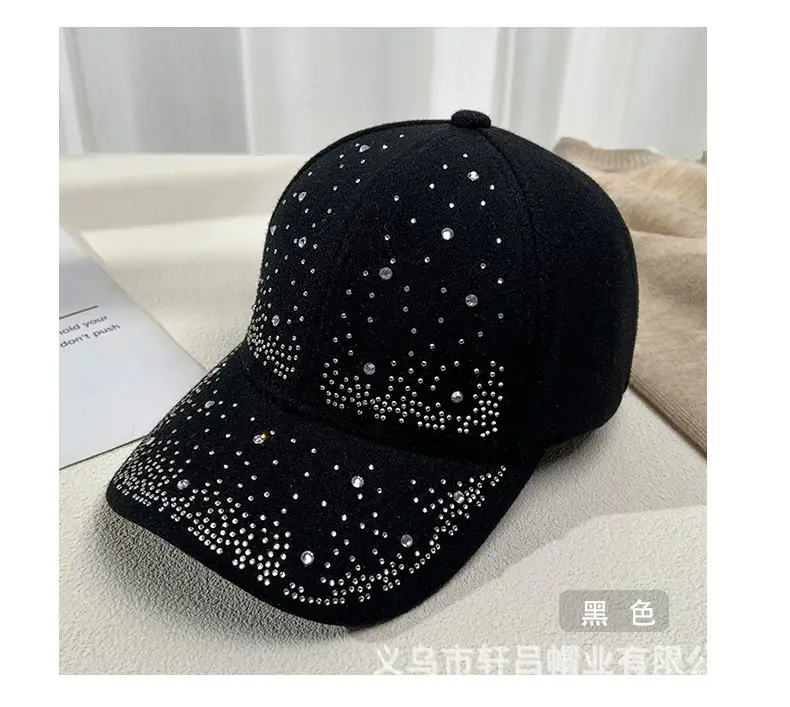Women's Rhinestone Woolen Baseball Cap Black White — feature 6