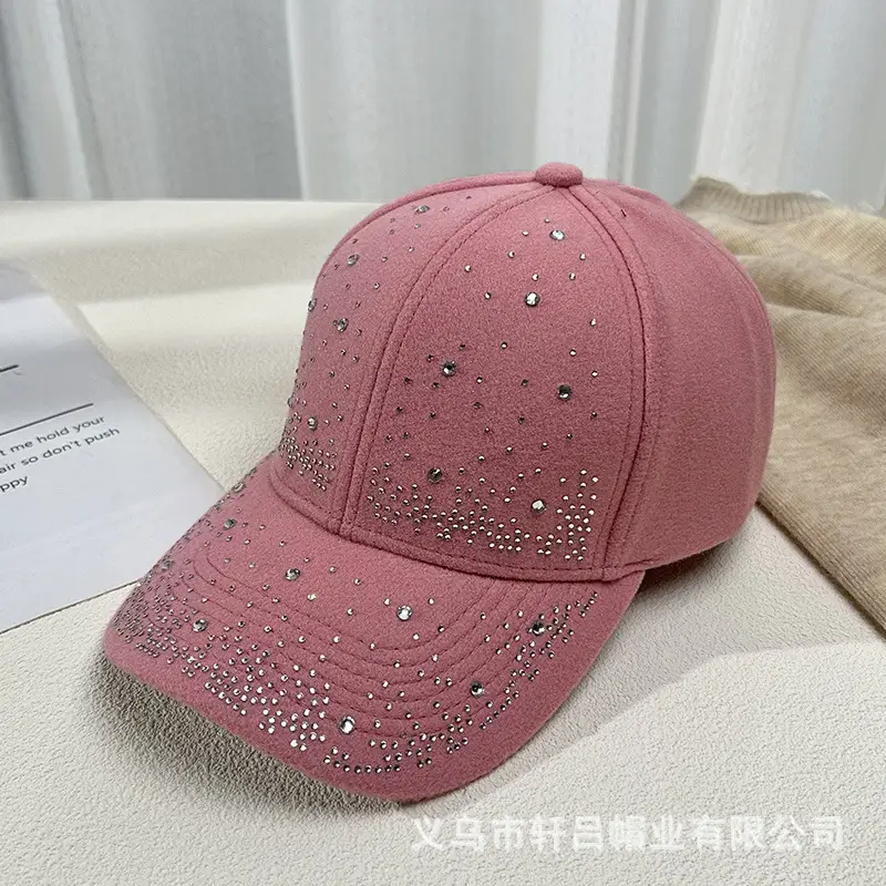 Women's Rhinestone Woolen Baseball Cap Black White - Image 2