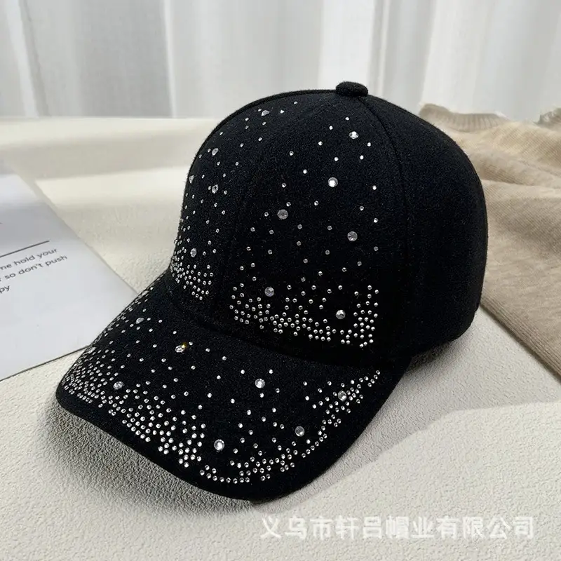 Women's Rhinestone Woolen Baseball Cap Black White - Image 3