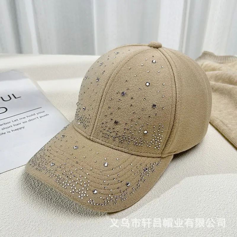 Women's Rhinestone Woolen Baseball Cap Black White - Image 6