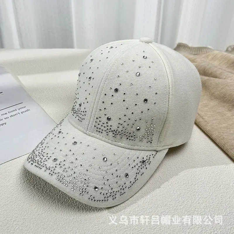 Women's Rhinestone Woolen Baseball Cap Black White - Image 7