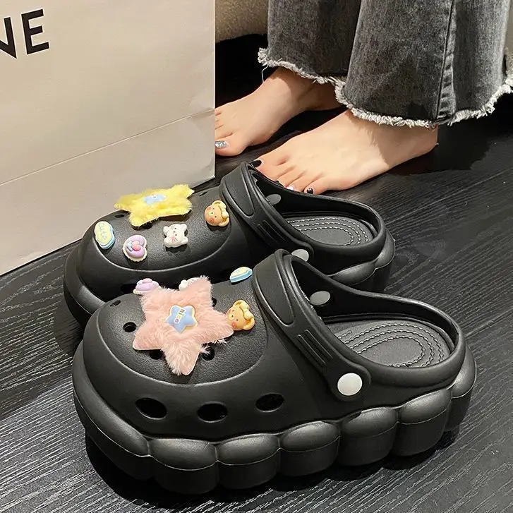 Women's Black Cloud Cave Sandals with Cute Embroidery - Image 5