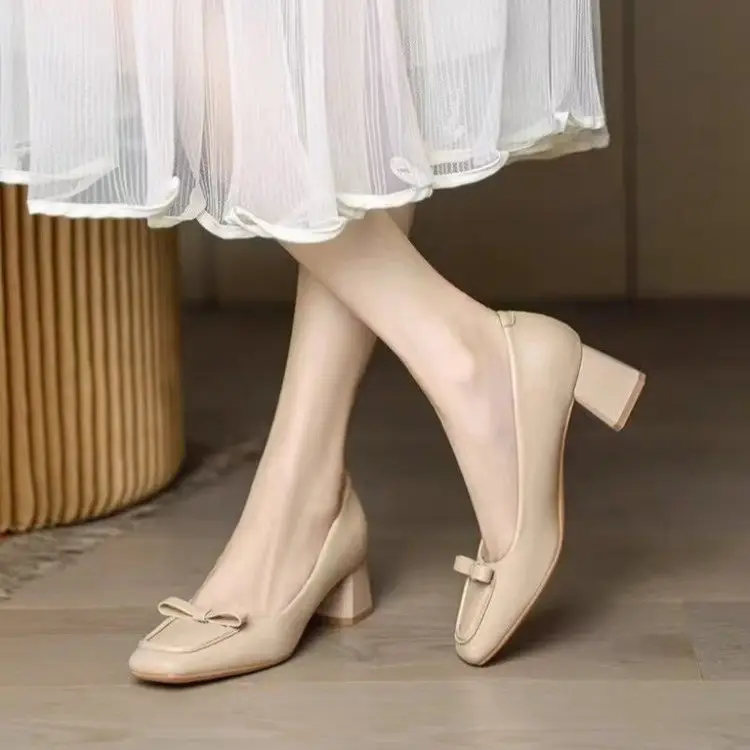 Women's Square Toe Heel Shoes Beige Retro 2024 - Image 5