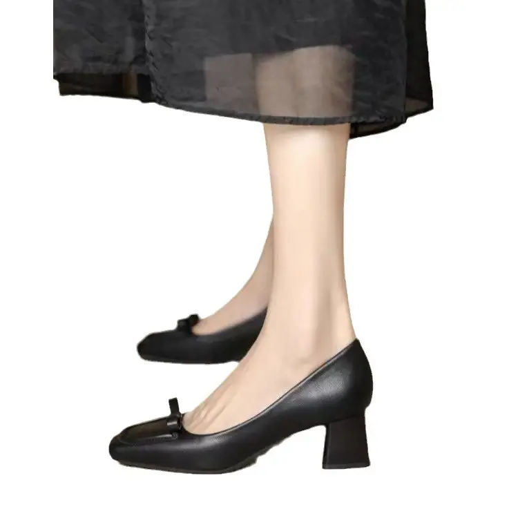Women's Square Toe Heel Shoes Beige Retro 2024 - Image 6