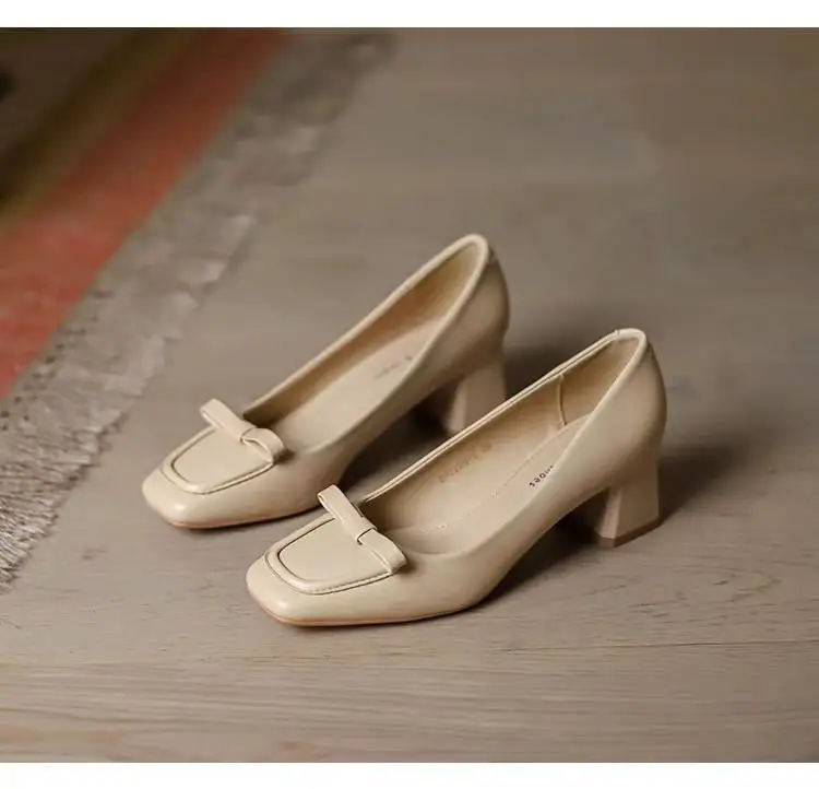 Women's Square Toe Heel Shoes Beige Retro 2024 — feature 14
