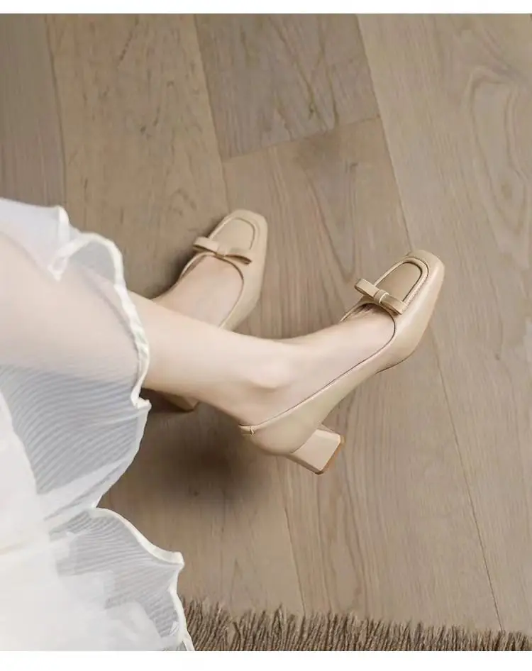 Women's Square Toe Heel Shoes Beige Retro 2024 — feature 6