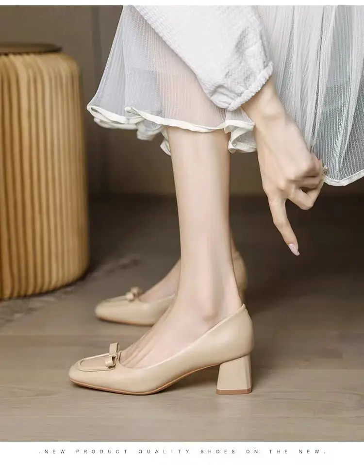 Women's Square Toe Heel Shoes Beige Retro 2024 — feature 7